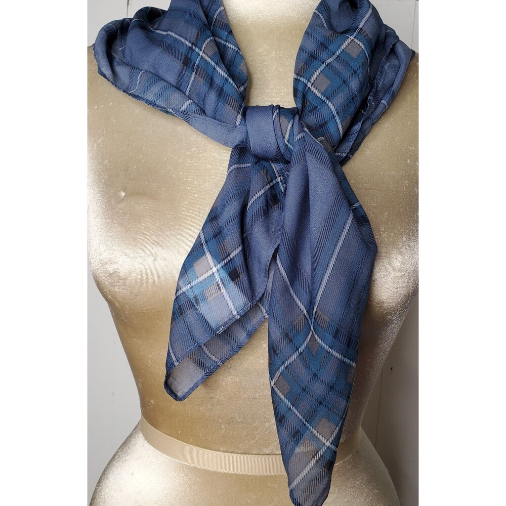 Chiffon Scarf Blue Gray Black Plaid 30" Square Sheer Lightweight Classic Washes